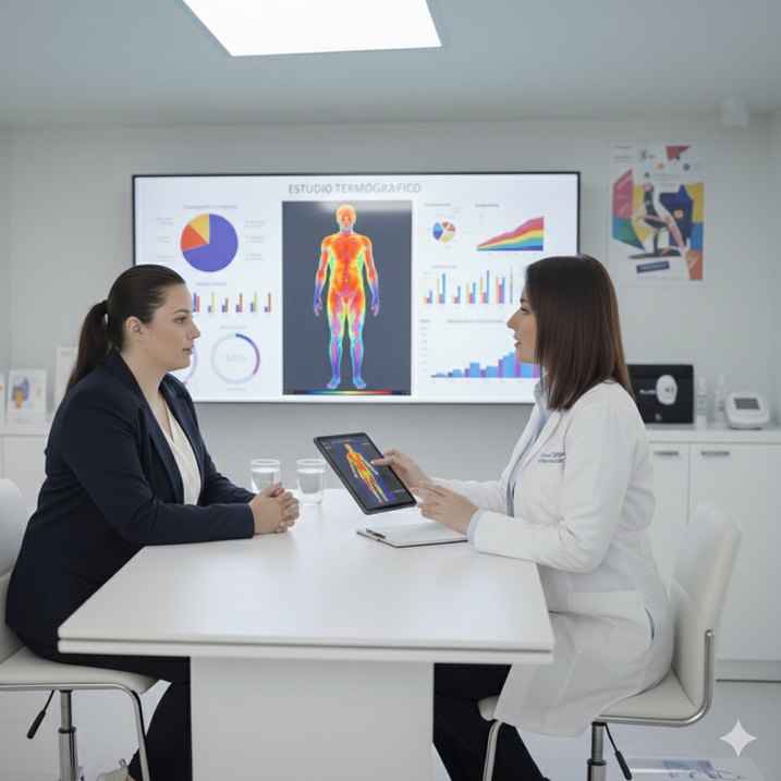 Profesional explicando un estudio termográfico a una clienta con una tableta