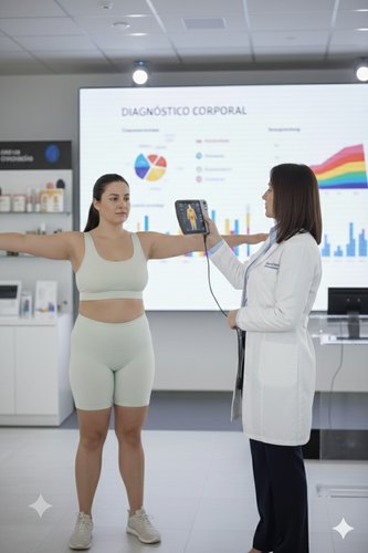 Profesional realizando una medición termográfica corporal a una clienta